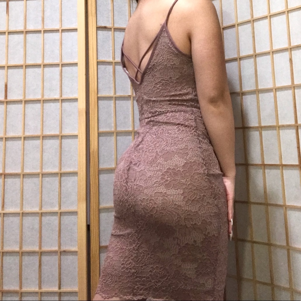 Mauve floral lace midi dress.